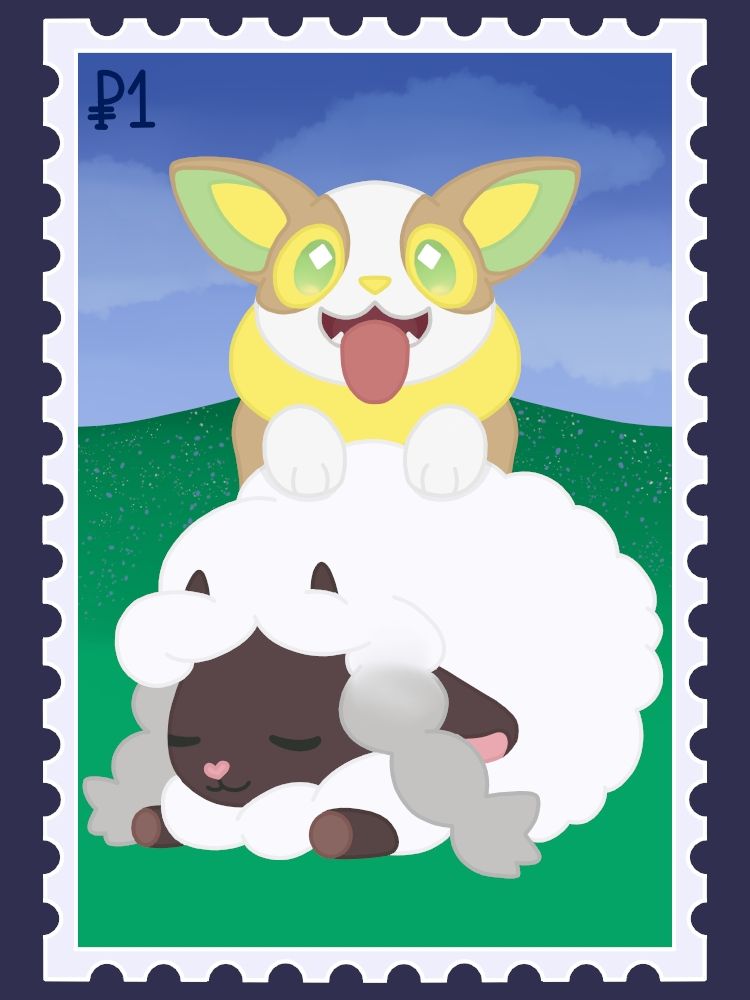 Pokemon Drawing Yamper & Wooloo in a field on a stamp