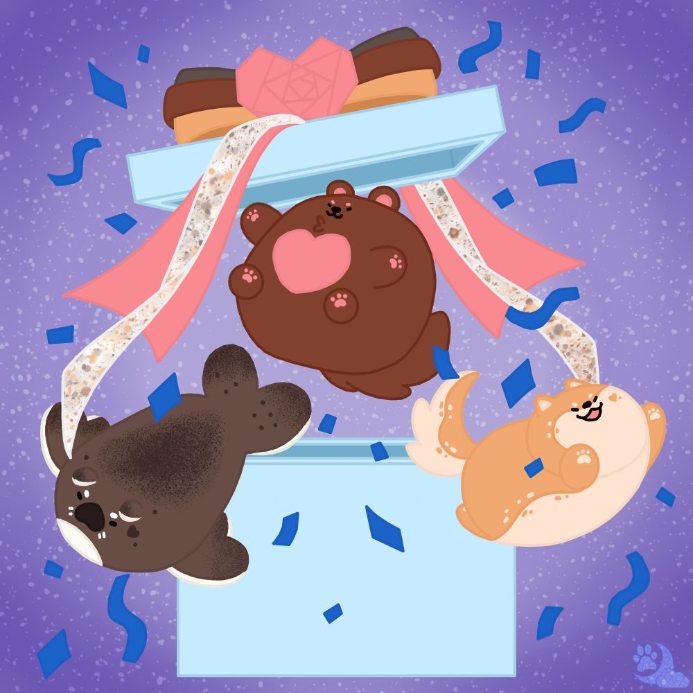 Present popped open with confetti and 3 animal familiars, Smilky Bear, Butterscotch (shiba) & Biccy (seal) coming out.