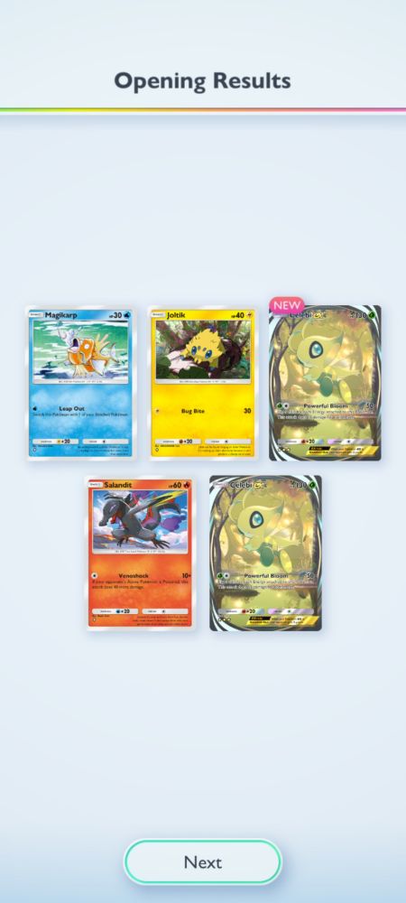 Pokemon TCG Pocket pulls, showing two Celebi ex emersive arts in the same pull