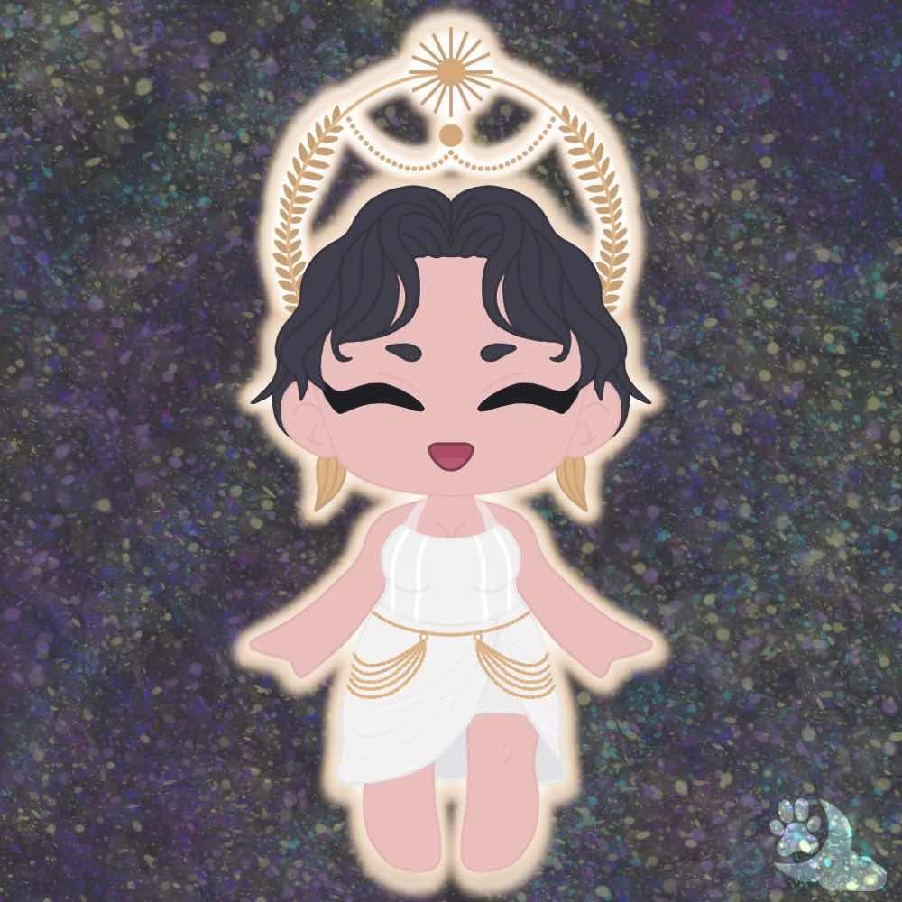 Chibi with short black hair dressed in a Greek goddess style outfit with golden halo headpiece