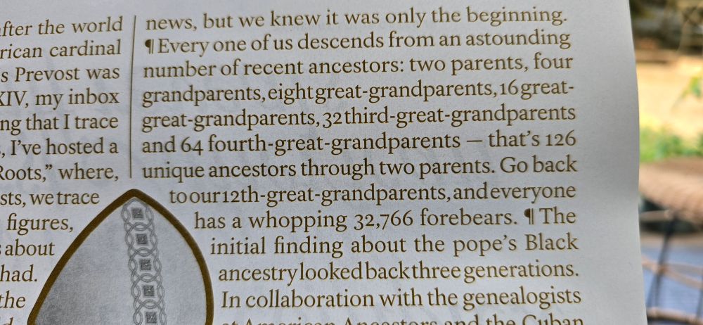 A portion of an article saying that any individual has 32,766 12th great-grandparents.