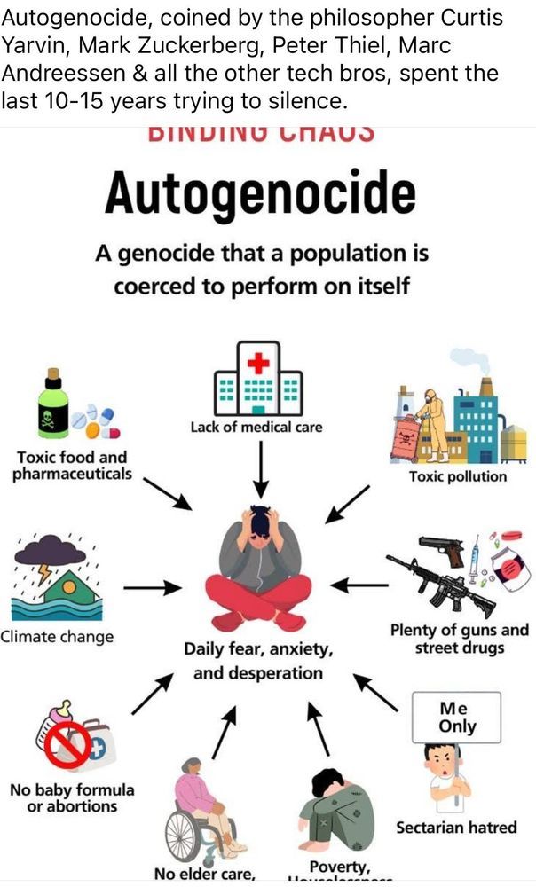 Autogenocide: A genocide that a population is coerced to perform on itself.
Toxic food and pharmaceuticals/ Lack of medical care/ Toxic pollution/ Plenty of guns and street drugs/ Sectarian hatred/ Poverty/ No elder care/ No baby formula or abortions/ Climate change ➡️ Daily fear, anxiety, and desperation. 