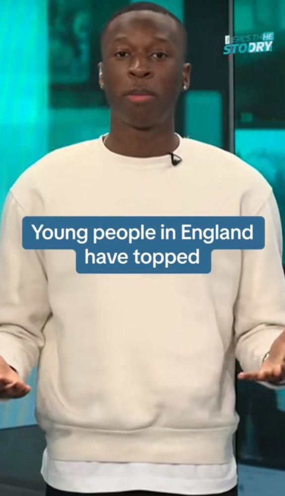 Tik tok newscast with the caption “young people in England have topped”
