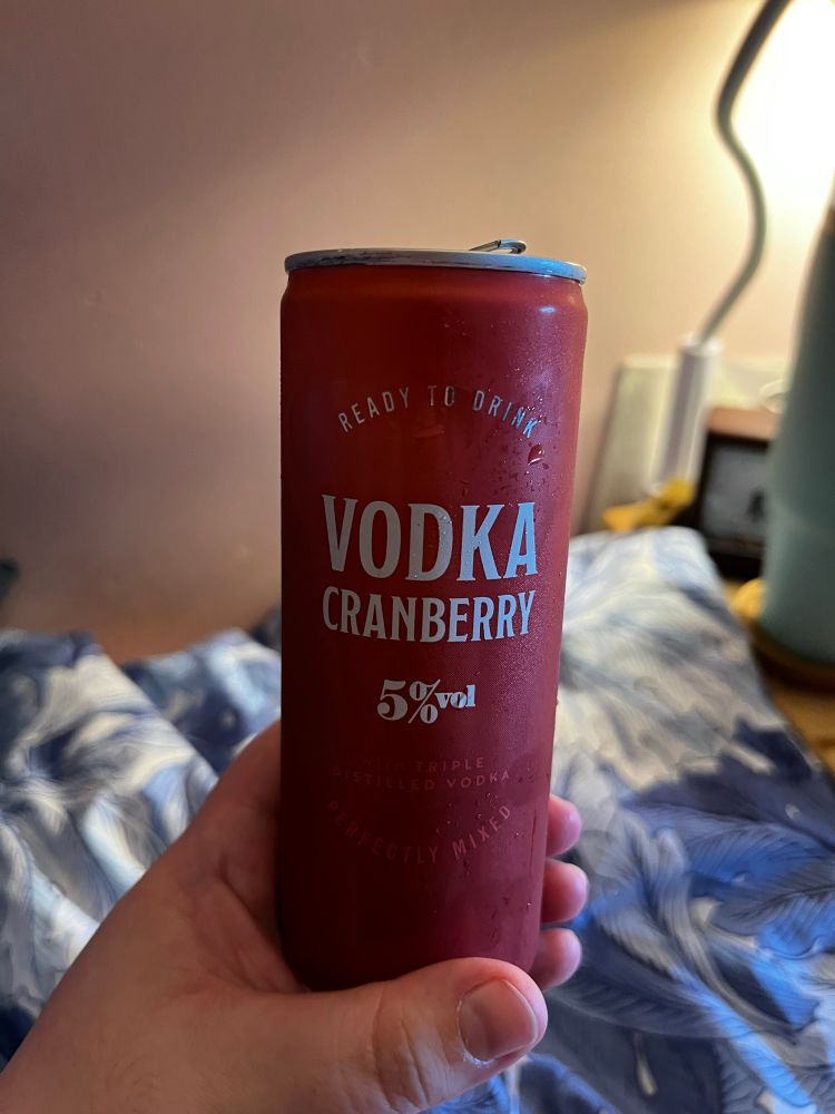 A photo of a hand holding a chilled tin of Sainsbury’s vodka cranberry 