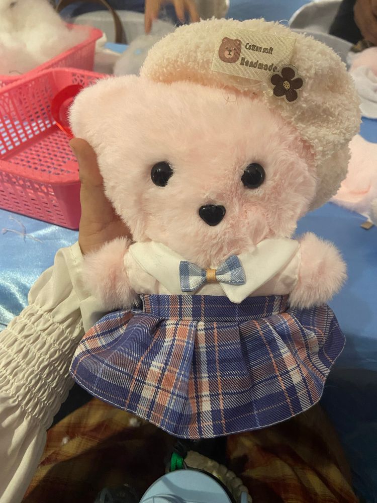 pink bear plushie in a cute uniform with a beret!