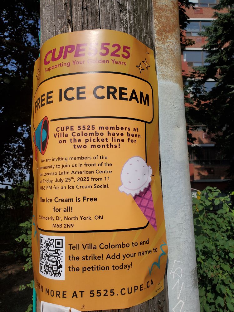 Poster for fee ice cream at CUPE 5525 picket line. 11am to 3 pm at 22 Wenderly Drive, North York