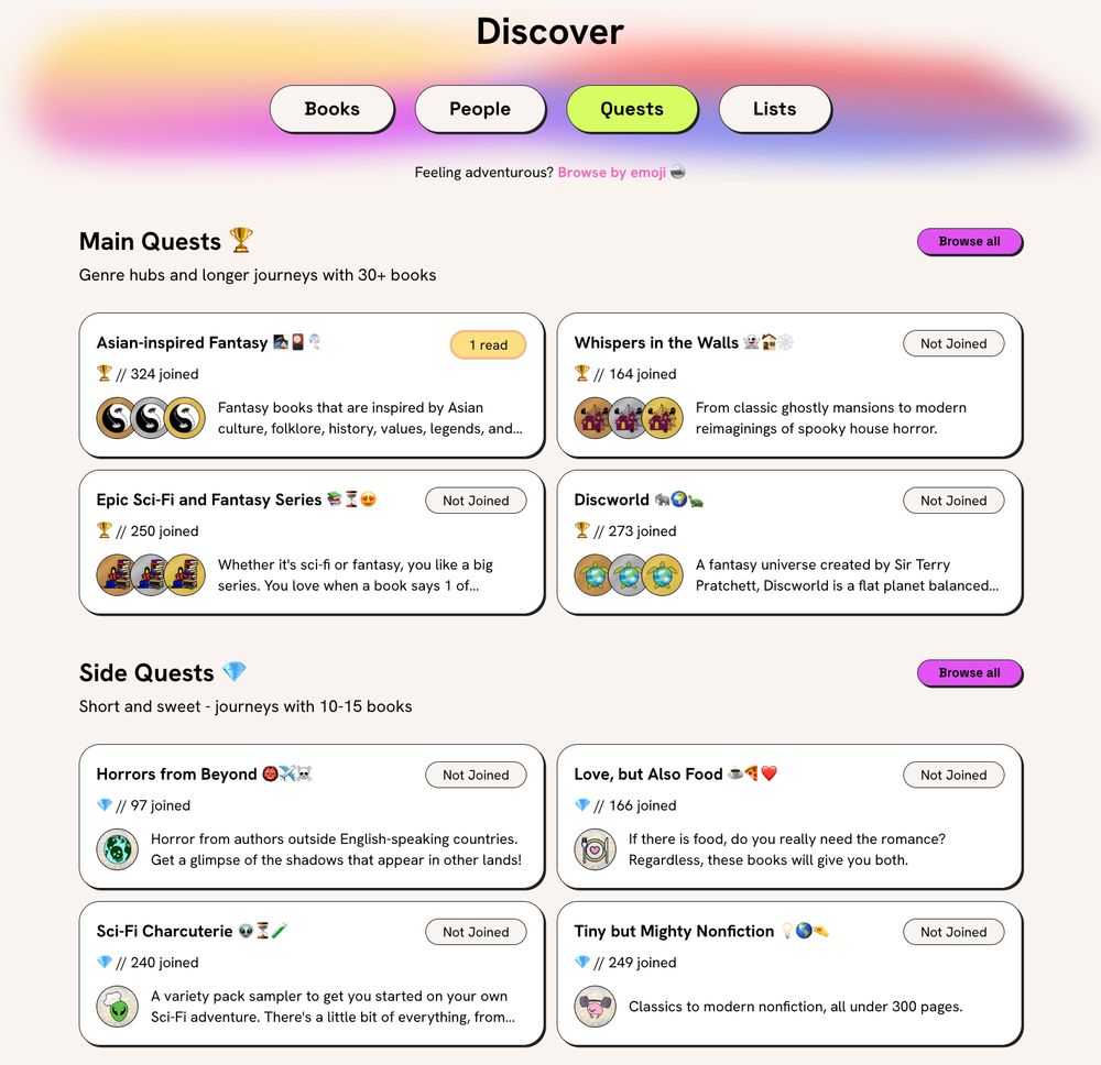 Screenshot of the pagebound Quests page with options for main quests and side quests