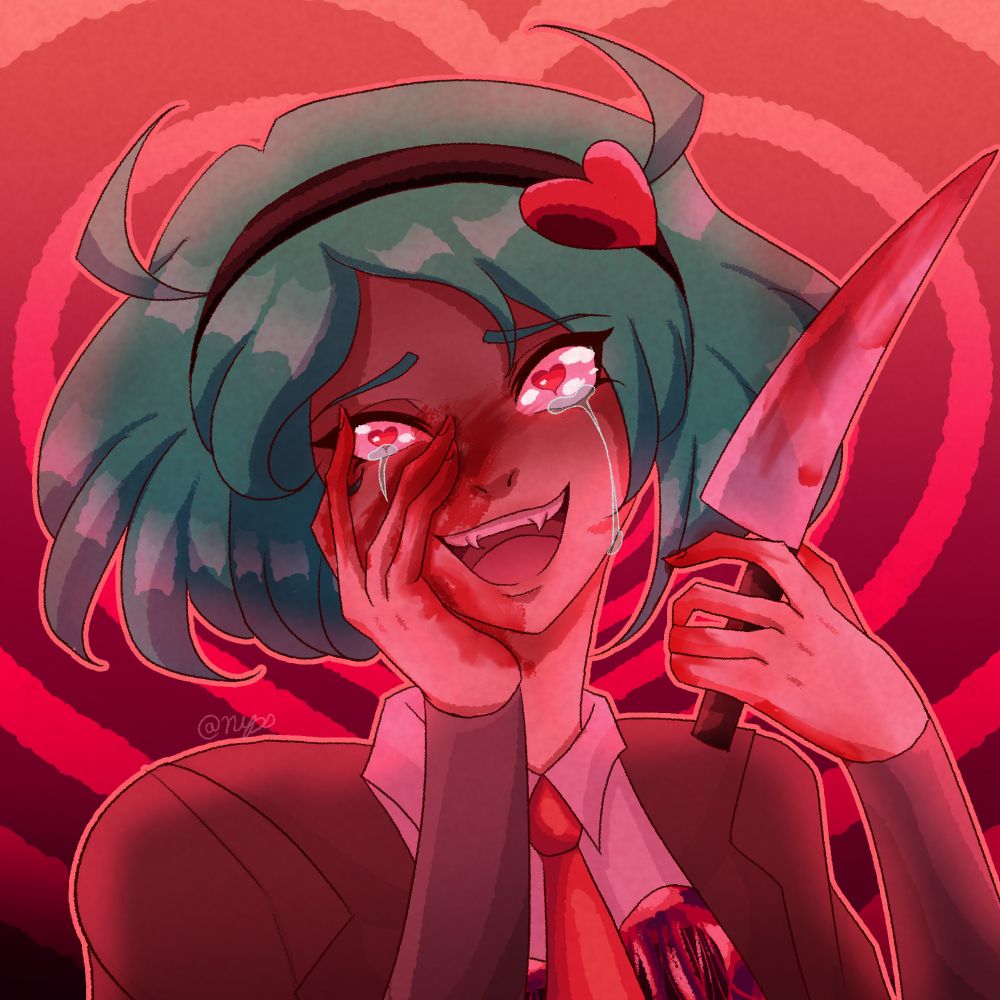 Illustration of a teenage girl with a crazed expression on her face, her mouth is in a wide open smile and her hand is pressed against the side of her cheek as she is laughing, however her eyebrows are upturned and she is crying. Her pupils are heart shaped and her face and hands are covered in blood. Her left hand is holding a bloody knife. She is wearing a brown school uniform with a red tie and white dress shirt, she has a heart shaped hole in her chest which is bleeding. Her hair is green and in a bob with two upturned tufts of hair resembling horns. She is wearing a black headband with a red heart on it. Her nails are painted red. The background is a red to black gradient with pink hearts on it getting smaller as they get closer to the center. The whole drawing is tinted red. 