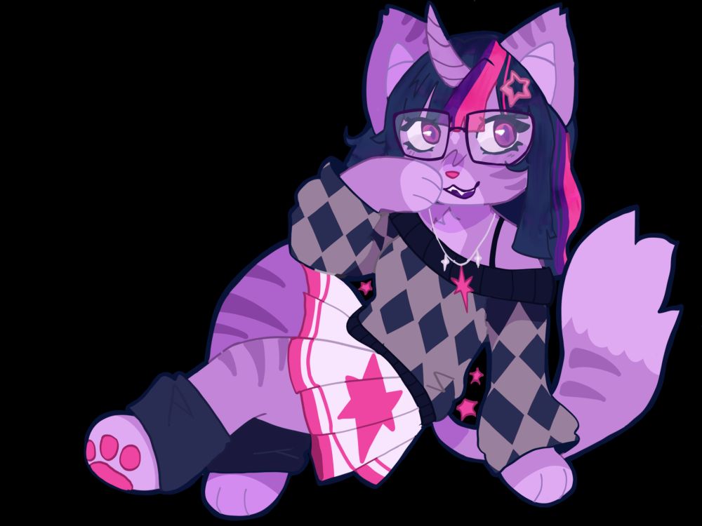 Drawing of twilight sparkle from my little pony as an anthro cat (though still with her unicorn horn), she is wearing a necklace with her cutie mark, a loose sweater, and a white ruffled skirt. 