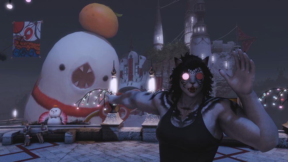 Vukosava with a surprised expression in Limsa Lominsa pointing at a gigantic Great White Tsuchinoko in the background.
