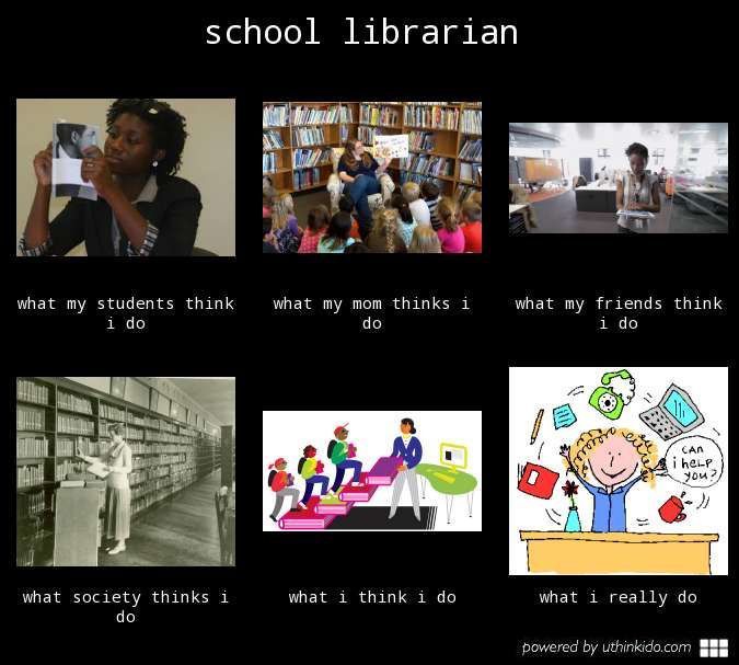 6 images saying what school librarians do. Students think we read. My mom things I read picture books to small children. My friends think I read a book in a pristine empty library. Society thinks I shelve books in a long dress. I think I’m helping students step up and learn. What I really do is everything including computers and saying “can I help you?”