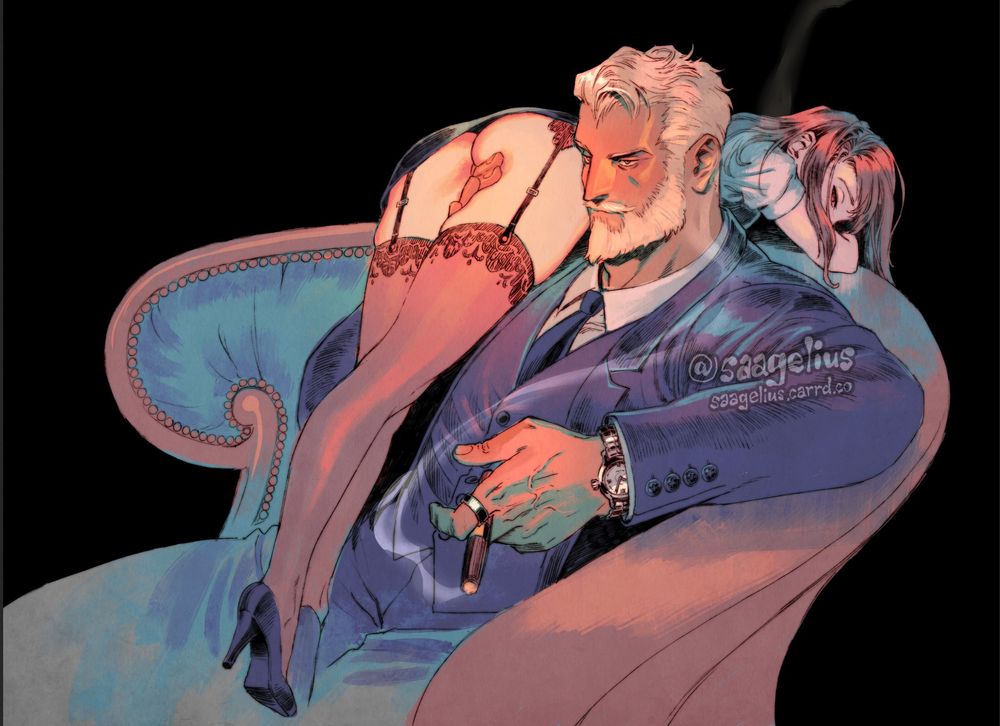 Jean in chair touching Chloe's butt on his shoulder