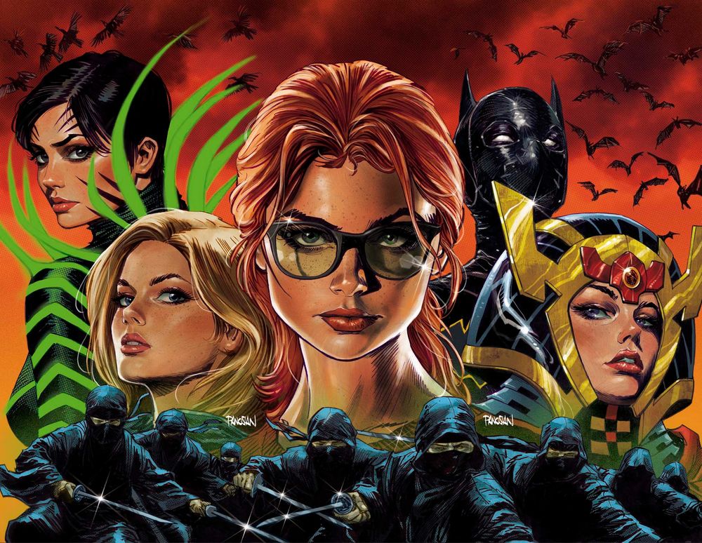 Birds of Prey #18 cover showing Black Canary, Oracle, Batgirl, Big Barda and Ninjas.