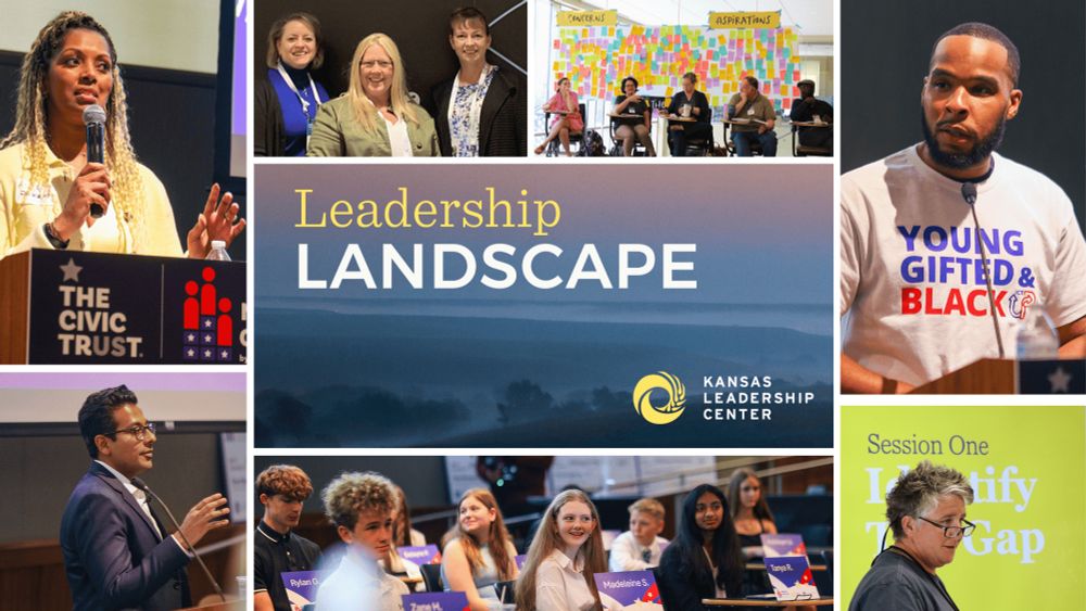 Collage of photos from the Kansas Leadership Center’s Leadership Landscape newsletter, featuring diverse individuals engaging in leadership activities—speaking at podiums, participating in group discussions, and attending youth and civic engagement events. Center image includes the newsletter title “Leadership Landscape” with the KLC logo over a scenic landscape background.