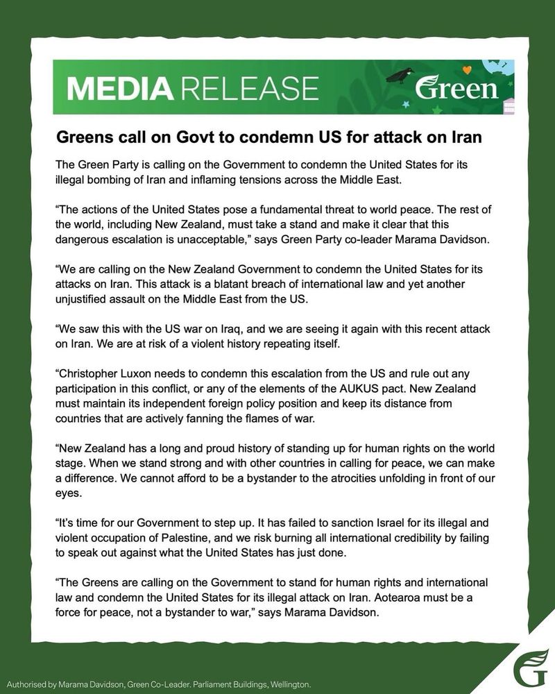 The Green Party is calling on the Government to condemn the United States for its attacks on Iran