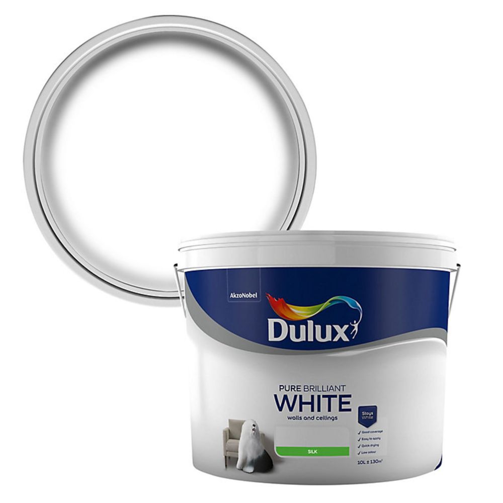 Dulux Walls & Ceilings Pure brilliant white Silk Emulsion paint, 10L | DIY at B&Q