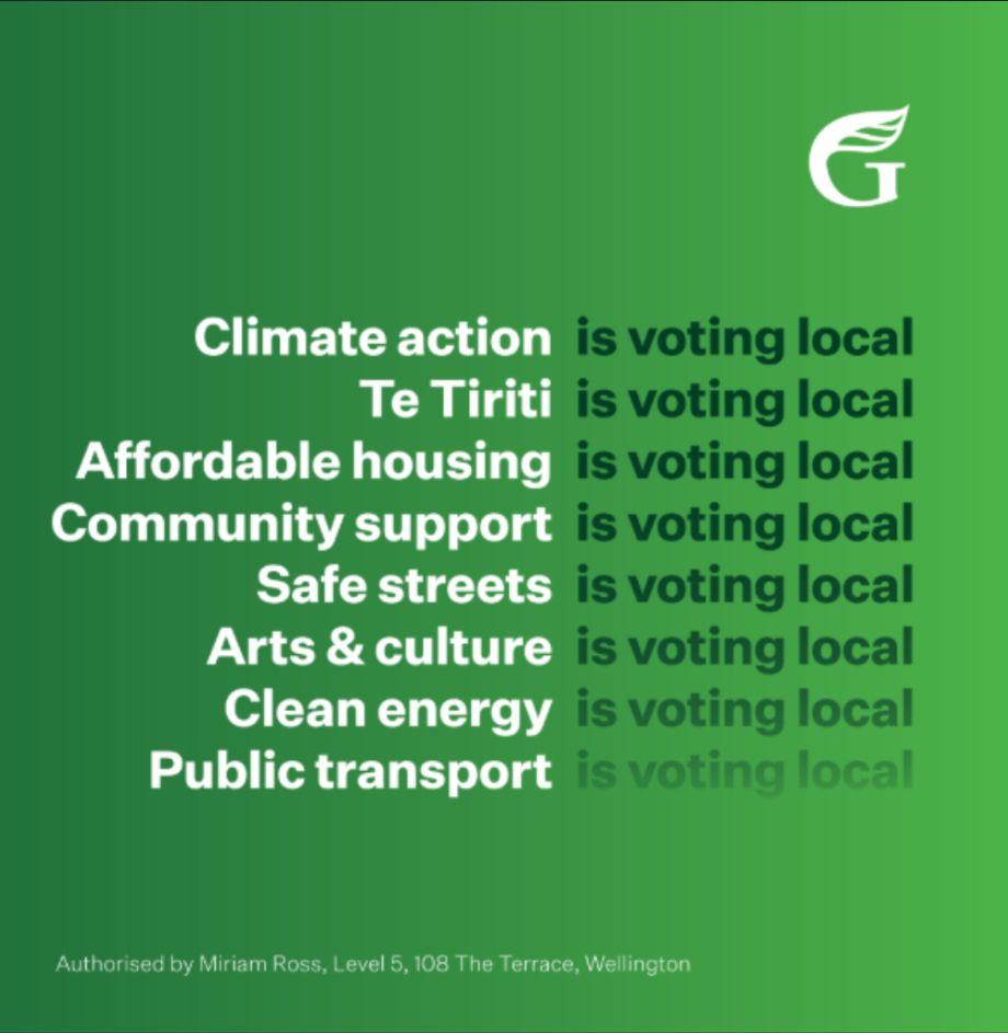 Climate action, Te Tiriti, Affordable housing, Community support, Safe streets, Arts & culture, Clean energy and Public transport is voting local
