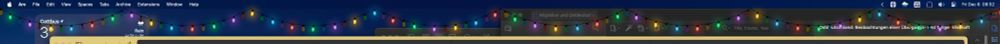 Screenshot of Festivitas app; christmas lights hanging from the top pf my desktop