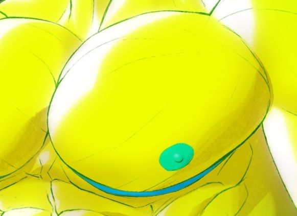 Fluorescent yellow transmasc chest with blue surgery scar