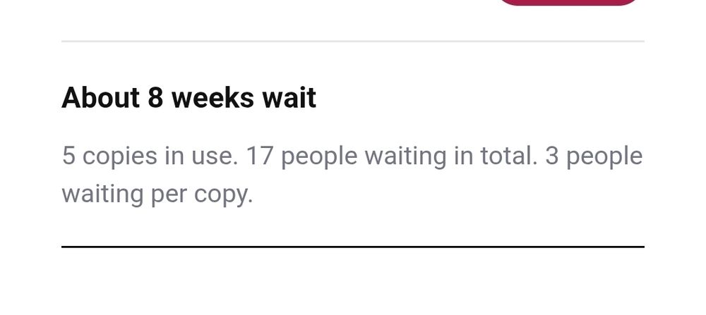 Screenshot from a public library ebook listing:

About 8 weeks wait

5 copis in use. 17 people waiting in total. 3 people waiting per copy.