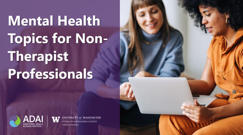 Two people looking at a laptop together and smiling/talking with text on the side that reads "Mental health topics for non-therapist professionals"