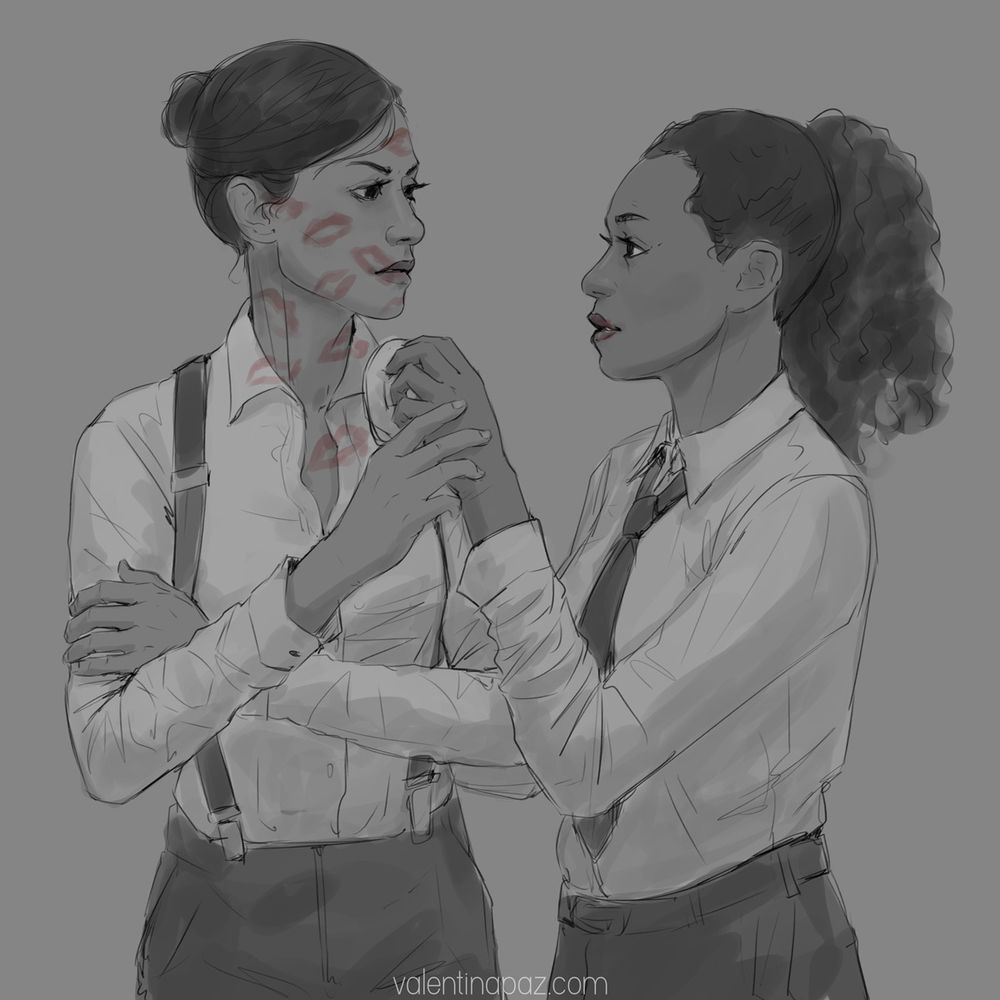 Kiran is stopping Saga from cleaning a myriad of lipstick marks Saga left on her face and neck.