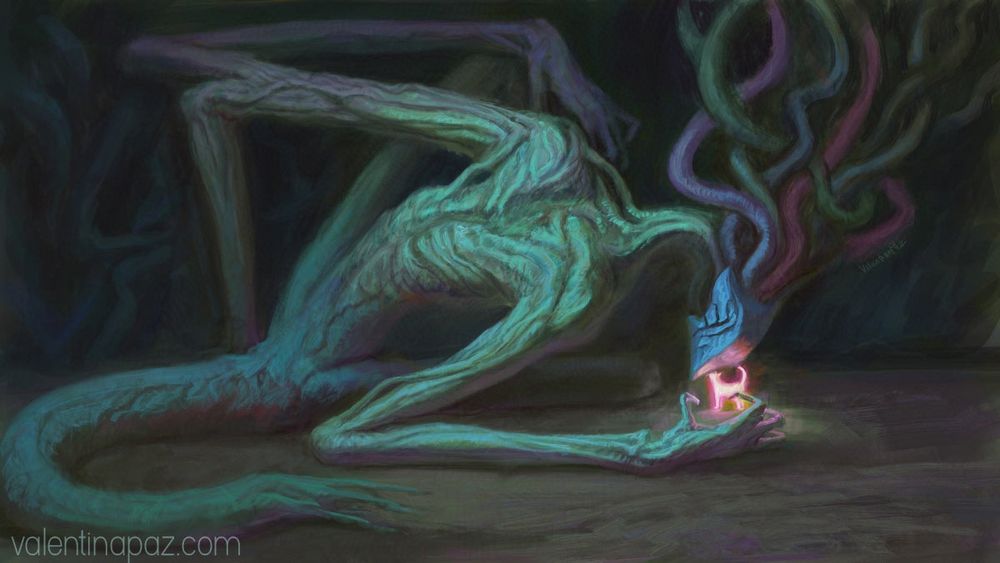 Digital painting of a surreal humanoid creature looking at a small shiny cat.