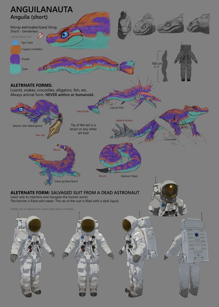 Reference sheet of an eel/dragon creature. There's different shapes of reptiles and an astronaut suit.