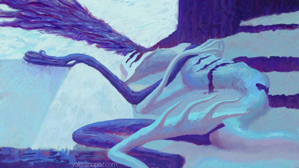 A humanoid creature lying on the floor. Purple substance coming out of its head.