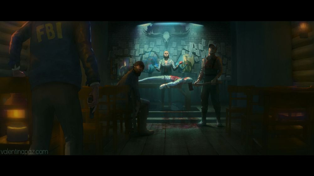 Digital illustration. A scene depicting an alternate version of Saga Anderson as the cult leader. She's just killed Alan Wake and carved his hear from his chest. The Koskela brothers are present, acting as Saga's henchmen. Casey has just walked into the scene. He's shocked at the scene in front of him.