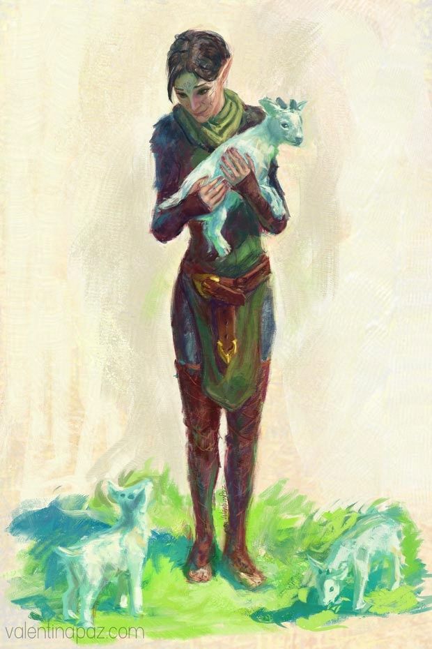 Merrill from Dragon Age 2 holding a baby halla