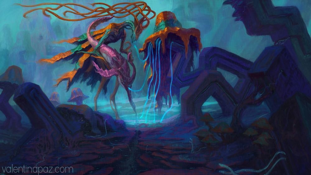 Digital painting of a humanoid alien creature, holding a huge whale-like fantasy animal, using its snout to water a giant mushroom. From the giant mushroom and across the entire scenery, there are bright, snake-like creatures taking notice of the scene. The whale-like creature is happy to be of service because this is like a fun trip for it.