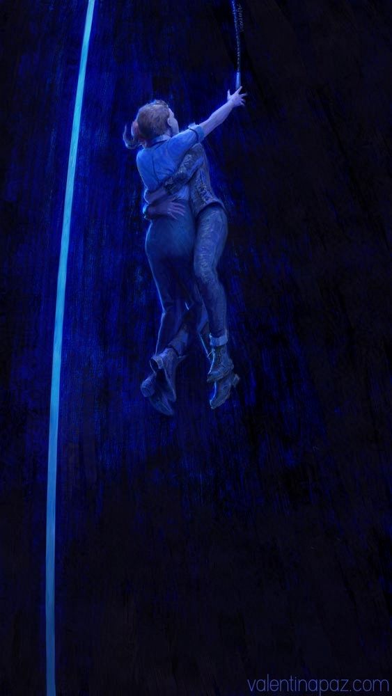 Jesse Faden holding Emily Pope as they float down a dark blue void. Emily is reaching for the Light Cord.