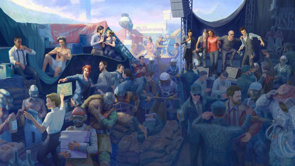 A scene after an Old Gods of Asgard concert, featuring a myriad of characters from Alan Wake and Control videogames.