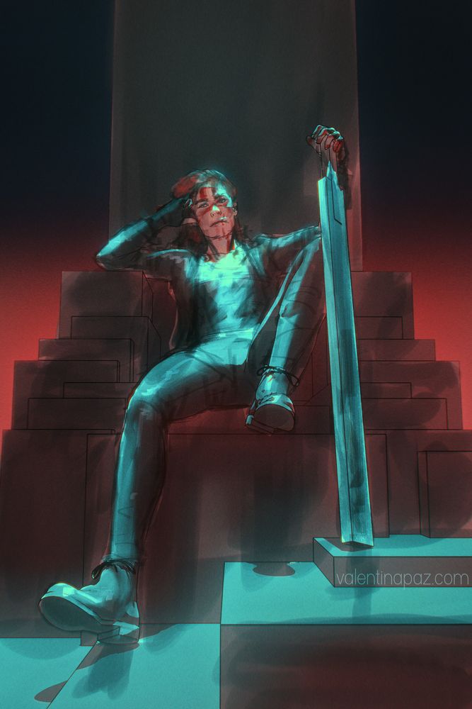 Jesse Faden sitting on a black rock throne. She's covered in blood, holding a melee weapon.