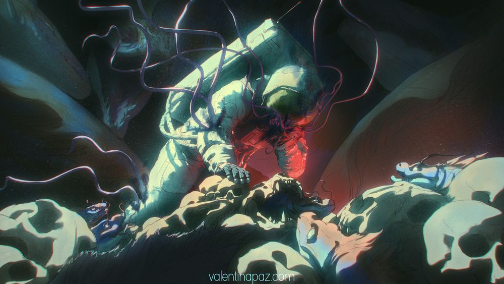 An astronaut on top of a pile of skulls. It looks like they're eating or coughing worm-like creatures, some of those are either coming out or in from the suit. Their helmet broken. There are eel-like creatures around.