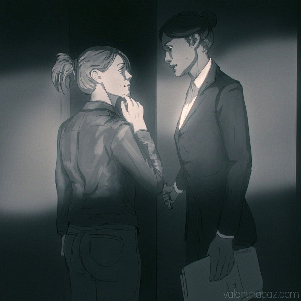 Kiran holds a door open while looking at Alice who looks tired but content at whatever Kiran is telling her. Kiran is notoriously taller than Alice.