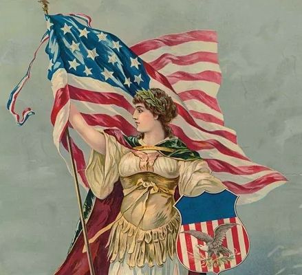 Columbia holding the American flag and shield from 1890.