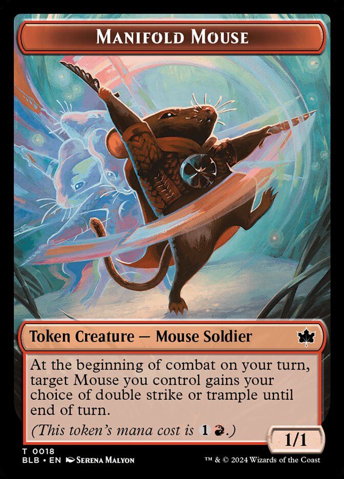 The token for manifold mouse; a young mouse practicing swordfighting