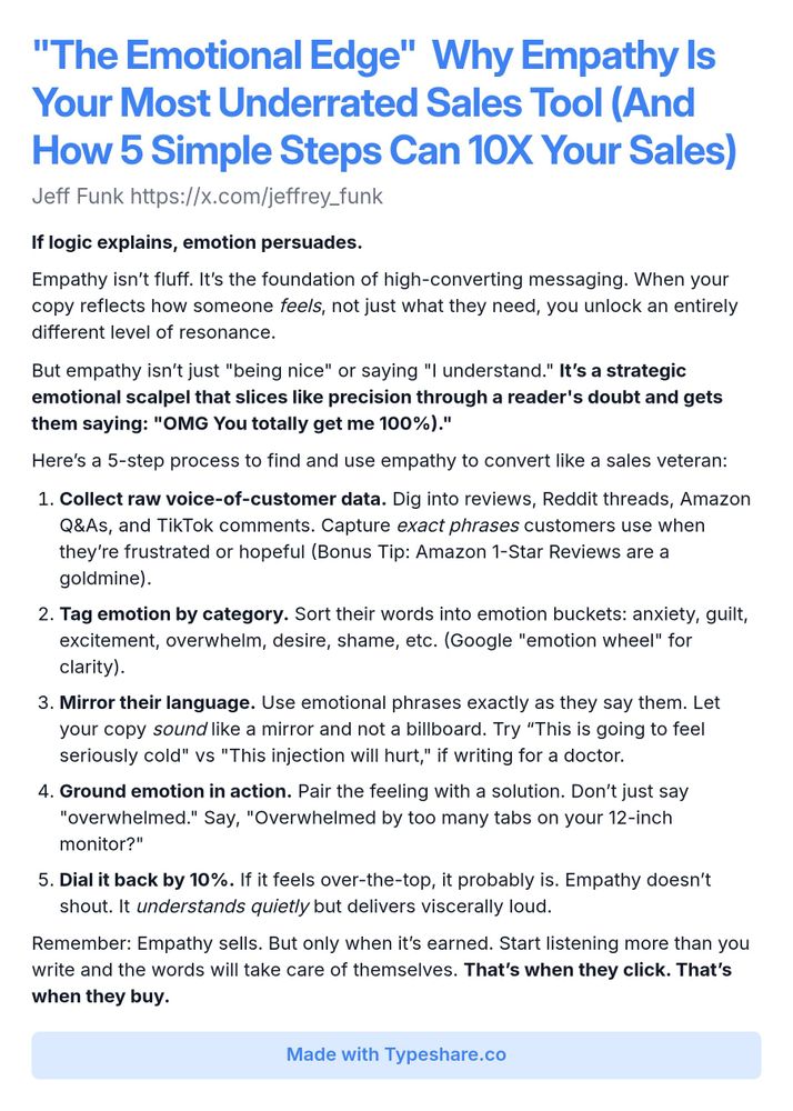 Screenshot essay titled "The Emotional Edge" discussing the importance of empathy in sales. The text emphasizes that while logic explains, emotion persuades. It outlines a five-step process to harness empathy for improving sales effectiveness: 1. Collect voice-of-customer data from various sources; 2. Categorize emotions expressed by customers; 3. Use customers' emotional language in messaging; 4. Connect feelings to actionable solutions; 5. Tone down excessive emotionalism for authenticity. The essay concludes by highlighting that empathy, when genuine, enhances sales success.
