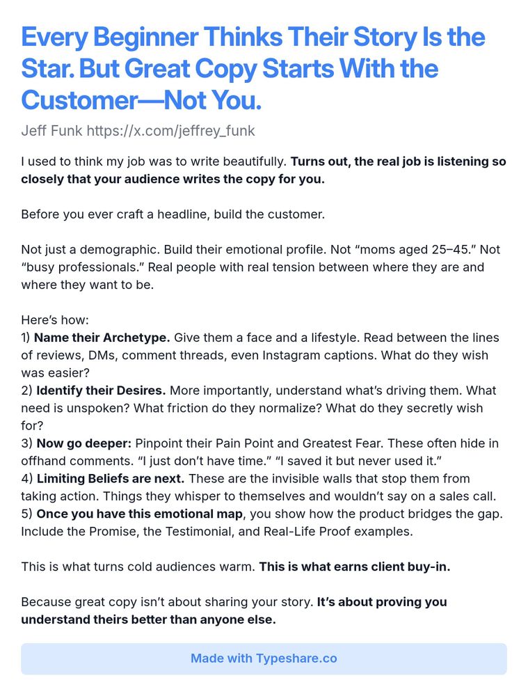 Screenshot essay titled 'Every Beginner Thinks Their Story Is the Star. But Great Copy Starts With the Customer—Not You.' The essay discusses the importance of understanding the customer in copywriting. It emphasizes that writers should listen closely to their audience, framing the copy from the customer's perspective rather than their own. Key steps include: naming the customer's archetype, identifying their desires, pinpointing pain points and fears, recognizing limiting beliefs, and creating an emotional map that connects the product to customer needs. The conclusion highlights that effective copy earns client buy-in by demonstrating a deep understanding of the customer's story.