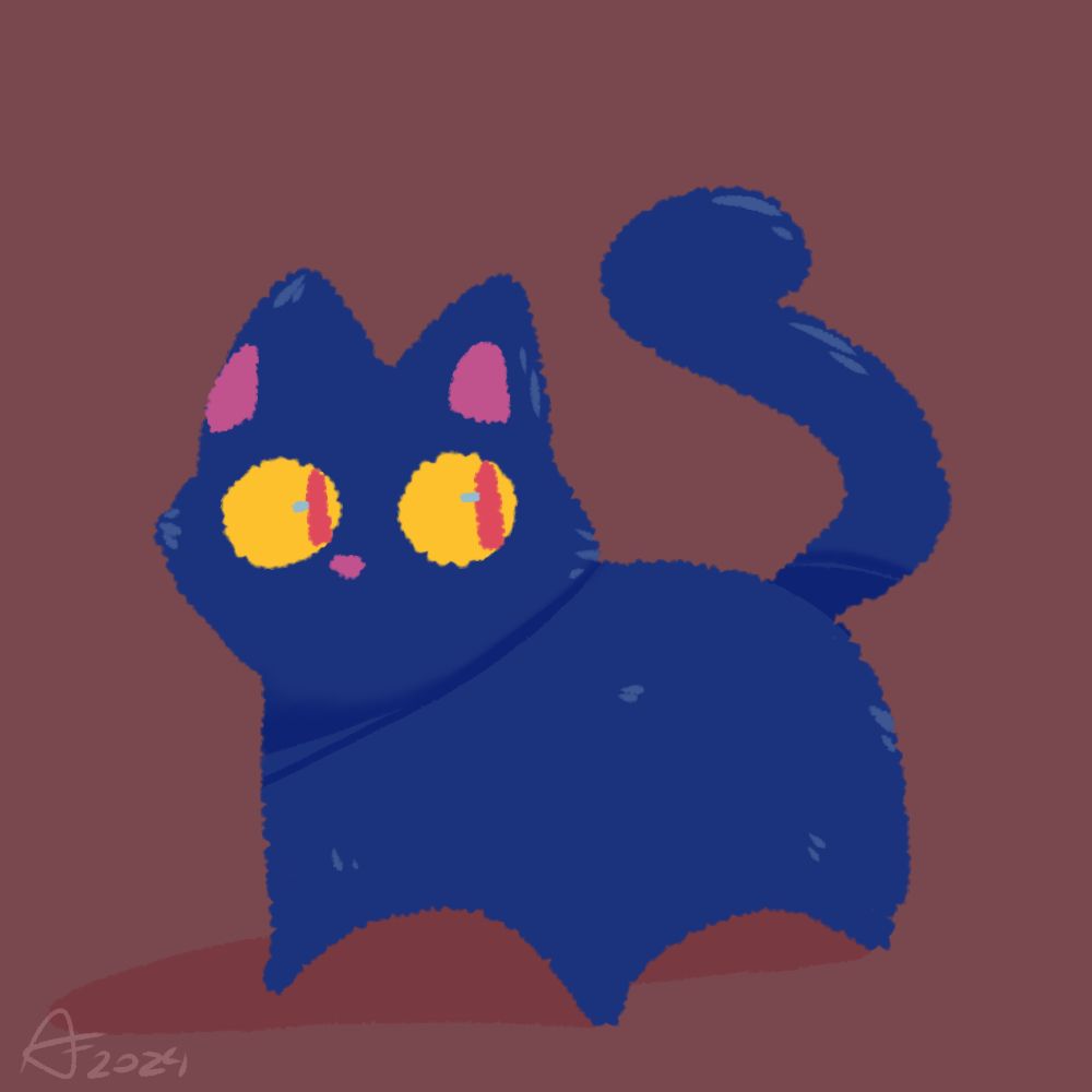 A picture of a stylized cat, it is looking off to the side with its tail up.