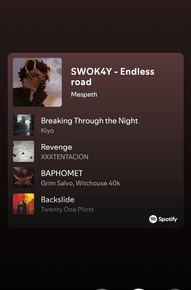 Screenshot of a spotify playlist curated for the drawing mentioned in order to create a rounder experience. It features Breaking Through the Night by Kiyo, Revenge by XXXTENTACION, BAPHOMET by Grim Salvo and Backslide by Twenty One Pilots among others.