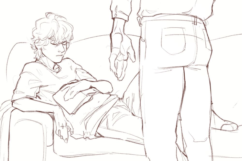 Drawing: one young man has fallen asleep on the couch with a book he was studying in his lap. His partner just found him.