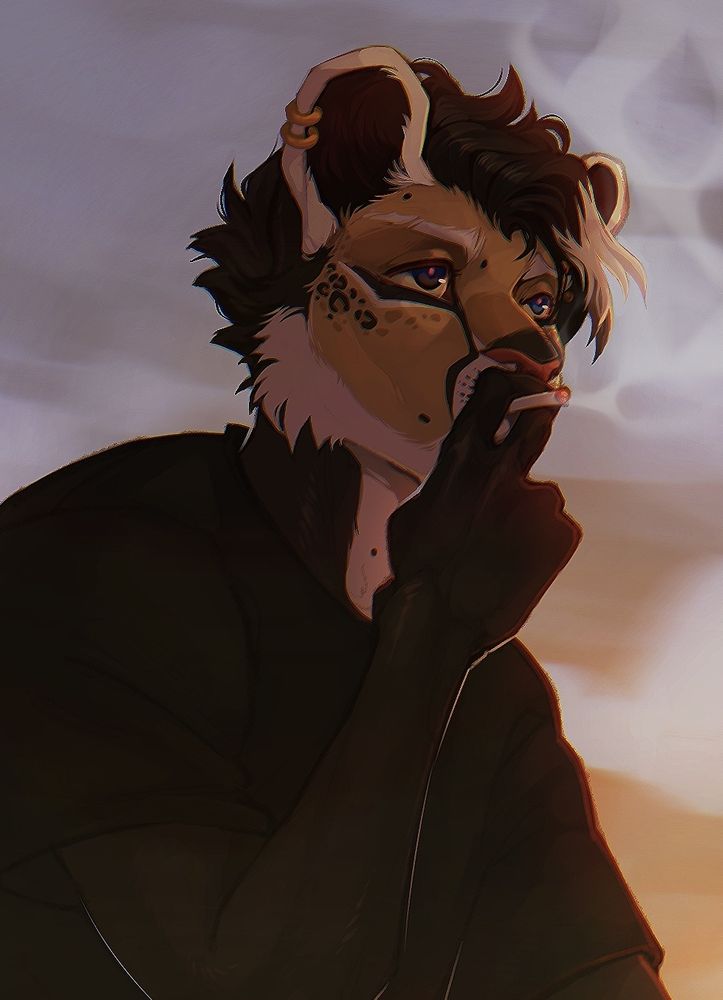 Closeup of the previous drawing, focusing on the face of the character with a distant and pensive expression. The sun casting shadows on his face.