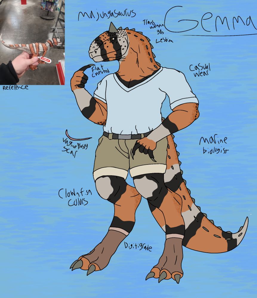 A reference sheet for an anthropomorphic majungasaurus woman character on a blue background. She is colored in clownfish colors and is wearing a light blue top, khaki shorts and ankle braces. The top left has a photo of the dinosaur toy the character is based off.
Written text reads:
Gemma
Majungasaurus
Trans woman
30s
Lesbian
Flat chested
Casual wear
Marine biologist
Vaginoplasty scar
Clownfish colors
Digitigrade