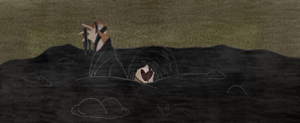 An illustration of an anthro barn owl drowning in a tar pit. He is covered with only his mouth and hand exposed. He is is raising his hand up yelling in anguish. The painting has a very textured, grungy look. The background is brown.