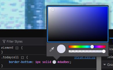 A cropped Firefox screencap. A color picker is displayed, stemming from a line of CSS being viewed in the browser's dev tools.