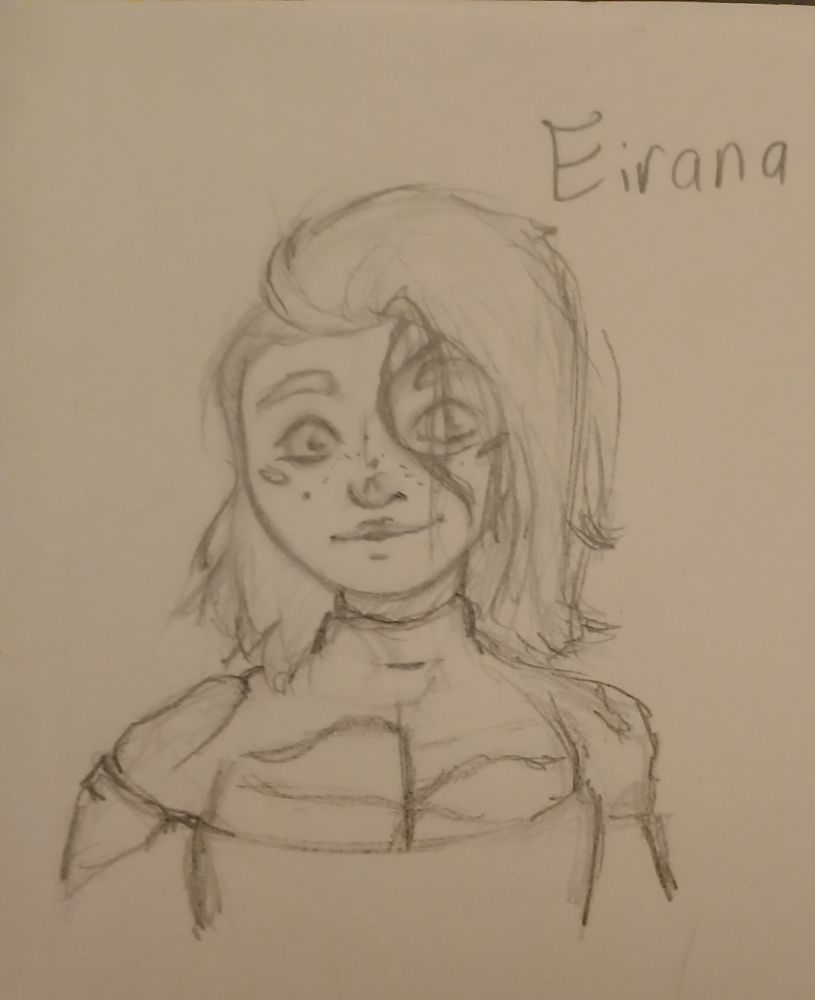 A pencil sketch bust of a pre-teen girl. Her head is turned lightly, and she's smiling at the camera. Her face has dark Void Scarring around her left eye, lightly freckled, and has two metallic implants along her cheek bones. She has slightly longer than shoulder length hair. Some of it hangs in front of her left eye.