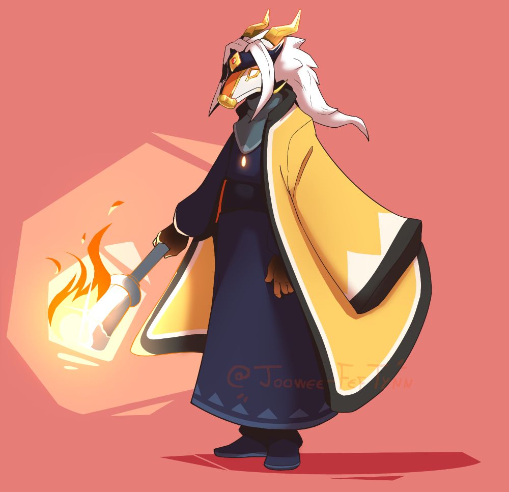 A full body digital art piece of my avatar from Sky: Children of the Light. They wear a black tunic with a grey neck covering, a yellow cloak similar to a haori, an eastern dragon mask with golden horns and a black head accessory on their forehead, with a red crystal adorned with gold. They're seen holding a torch burning brightly.